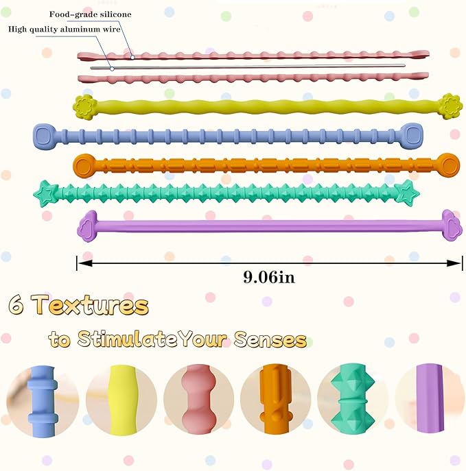 Fidget Toys Sensory Sticks (6 Pack) - Textured Stress Relief Toys for Kids - Sensory Toys for Autism, ADHD, Stress Relief - Calming Classroom Must Haves, Travel Essentials for Kids & Adults