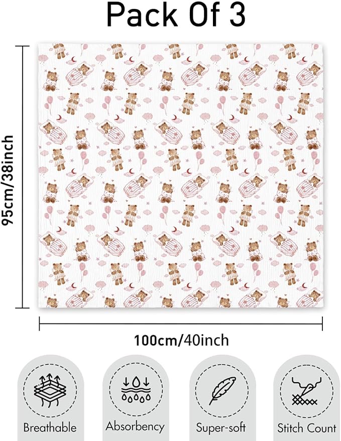 GLLQUEN BABY Muslin Swaddle Blankets,3-Pack Receiving Blanket for Newborn Boys and Girls,Baby Swaddle Blanket Unisex,Little Bear,Baby Essentials, Registry & Gift, 40 x 38 inches