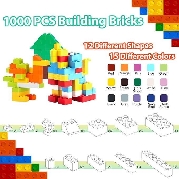 1000 Pieces Classic Building Bricks in 15 Popular Colors and 12 Mixed Shapes, Creative Small Building Blocks Set Learning Educational Toy Gift for Kids, Compatible with All Major Brands