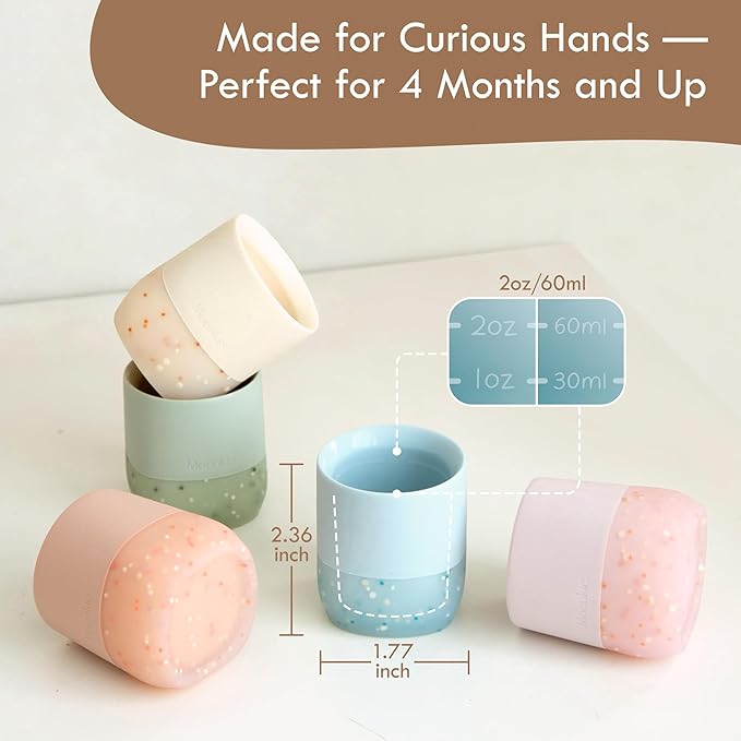 Moonkie Silicone Baby Cups 4 Months+ | Tiny Open Training Cups for Infants with Confetti Sprinkles | Baby-Led Weaning Essential | 2 oz (Ether/Ivory, 2 Pack)