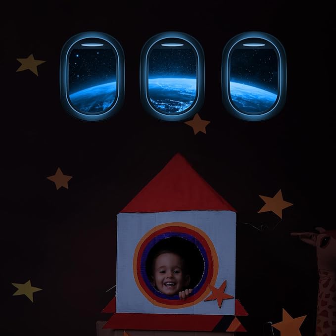Glow in The Dark 3D Space Wall Decals, Set of 3 Galaxy Window Stickers for Wall, Space Themed Room Decor for Kids Boys (Blue)