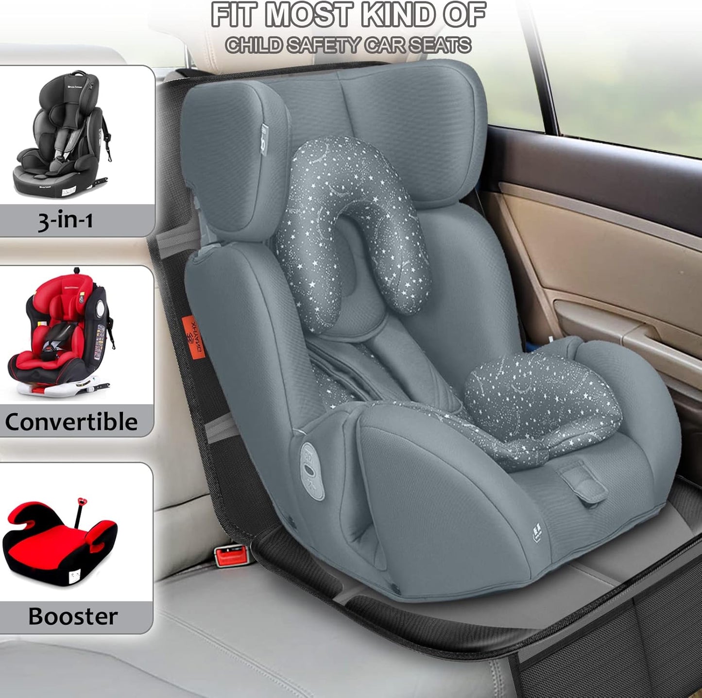 Car Seat Protector,2 Pack Automotive Seat Protectors Baby Carseat Pad Waterproof & Durable 600D Fabric for Child Baby Car Seat Mat Vehicle Pet Cover 2 Storage Pockets (2 Pack Gray)