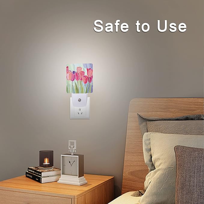 Pink Tulip Flowers Night Light Plug-in LED Nightlights Auto Sensor Night Lamp Dusk-to-Dawn Lamp Home Decor for Nursery Children Girls Boys