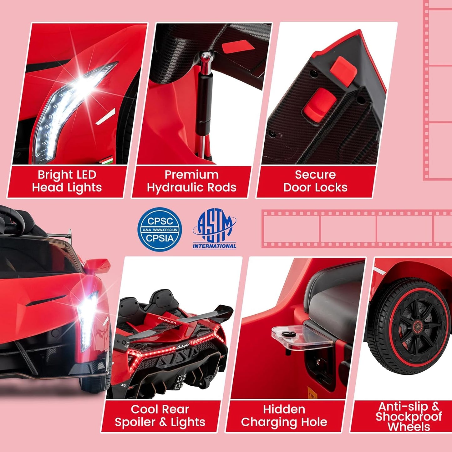 Costzon Ride on Car, Lamborghini Licensed 12V Battery Powered 4WD Sports Car with Remote Control, 3 Speeds, Hydraulic Doors, LED Lights, Towing Wheel, Horn, Music, Electric Vehicle for Kids Aged 3-8