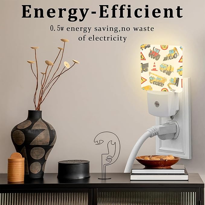 Cartoon Construction Vehicles Building Machines Night Light for Kids,Colorful Trucks Cars and Road Signs Night Light Plug in with Dusk to Dawn Sensor,0.5w Energy Saving Nightlight for Home Decor