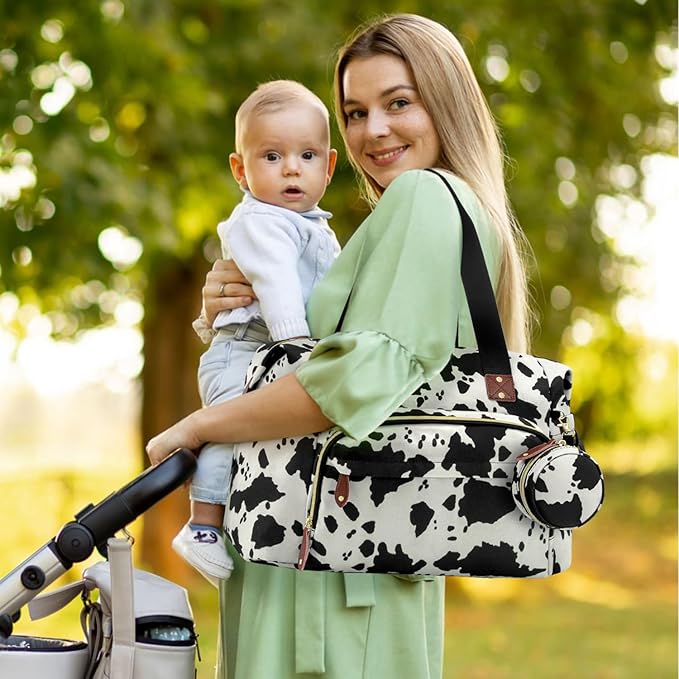 Diaper Bag Tote, Baby Bag Travel Diaper Tote Bag with Pacifier Case, Cute Maternity Hospital Baby Stylish Diaper Tote for Mom Dad Cow Print