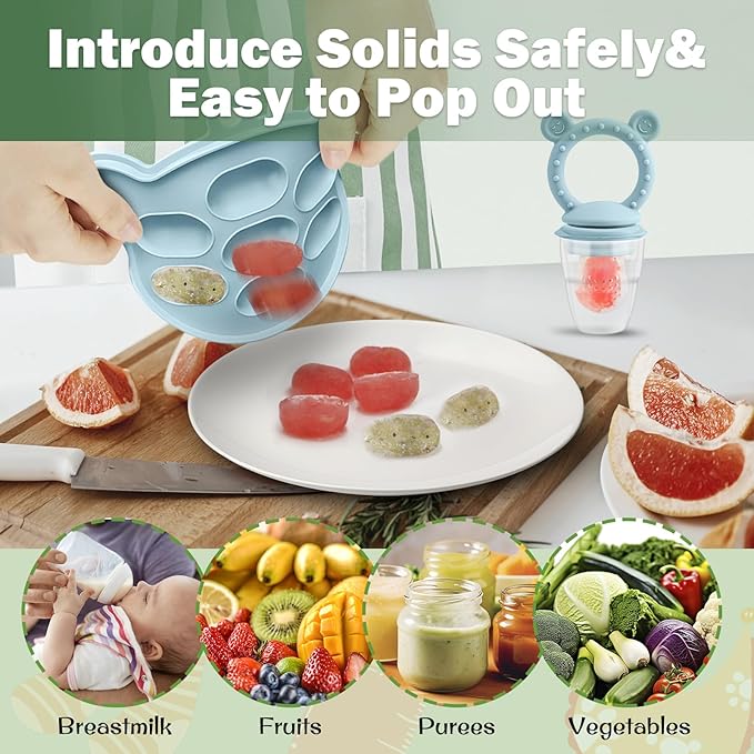 JEXFUN Silicone Baby Fruit Food Feeder Pacifier & Breastmilk Popsicle Freezer Molds for Cooling Relief, BPA Free Silicone Feeder to Safely Introduce New Foods, Double as Teething Toys, 4 Month+