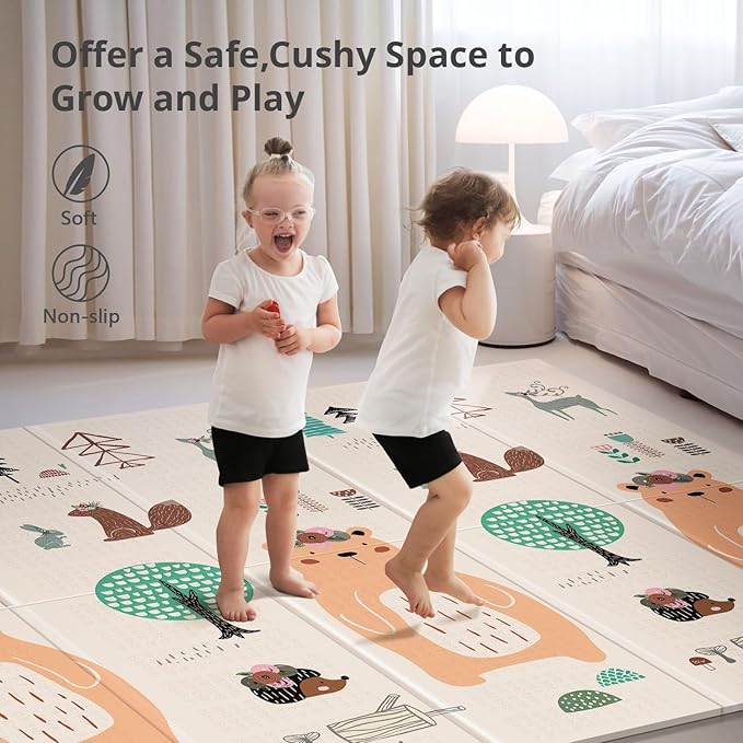 UANLAUO Baby Play Mat,79"x 71" Large Mat for Floor,Reversible Floor Mat,Foam Thick&Waterproof,Foldable Playmats for Babies and Toddlers,Anti-Slip for Baby Crawling,Non-Toxic Tummy Time(Bear)