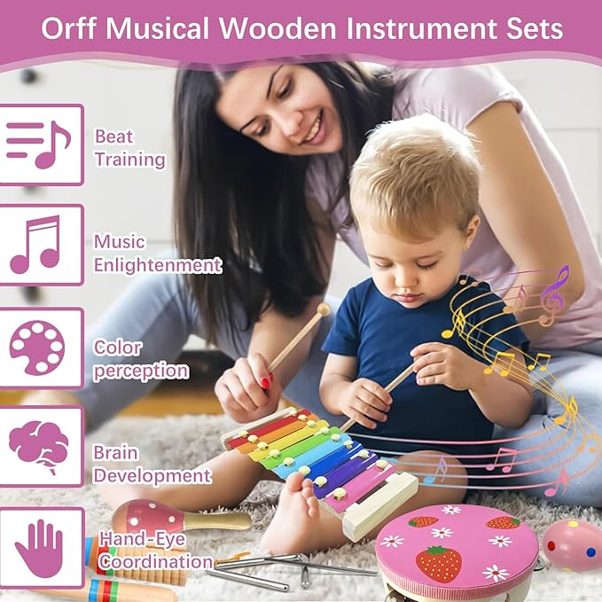 CREPRO Kids Musical Instruments, Orff Wooden Musical Toys for Toddlers 3+, Natural Colors Percussion Instruments Set, Kids Preschool Educational Birthday Gifts