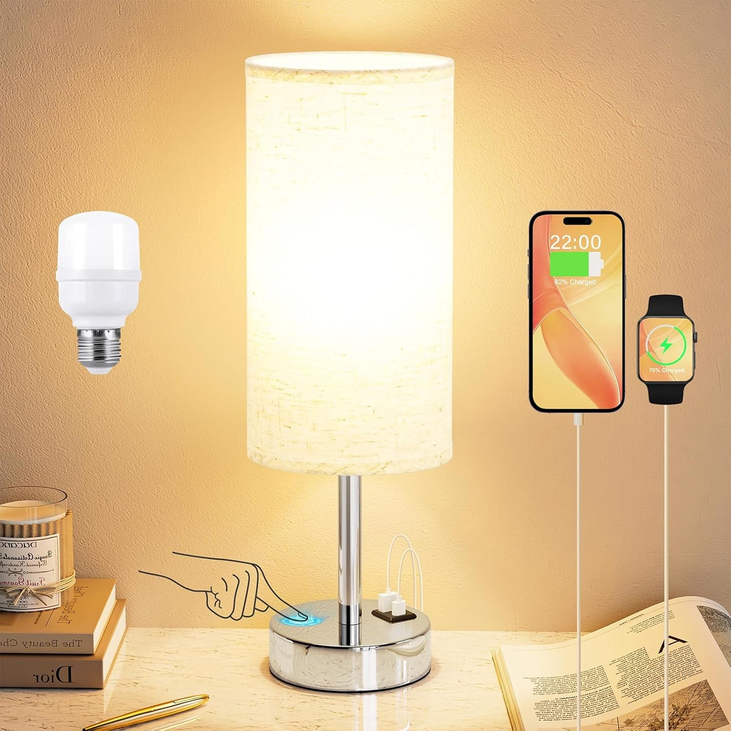 Dicoool Touch Table Lamp for Bedroom Nightstand - Bedside Lamp with USB-C USB-A Charging Ports White, 3 Way Dimmable Small Desk Lamp for Bedroom, Dorm Room, Office, Living Room, Reading, Bathroom