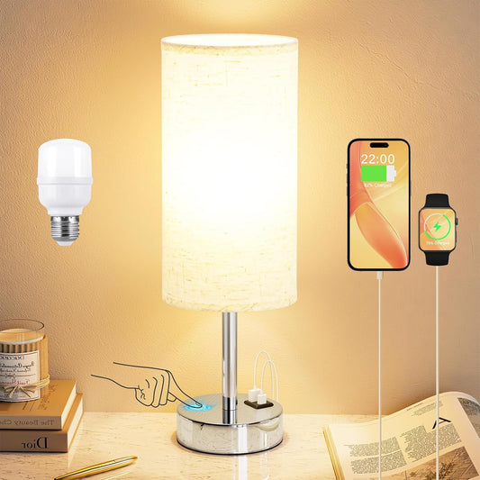 Dicoool Touch Table Lamp for Bedroom Nightstand - Bedside Lamp with USB-C USB-A Charging Ports White, 3 Way Dimmable Small Desk Lamp for Bedroom, Dorm Room, Office, Living Room, Reading, Bathroom