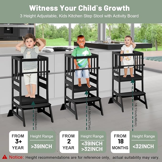 COSYLAND Toddler Standing Tower - Adjustable Height Toddler Kitchen Stool Helper - Kids Kitchen Step Stool for Learning with Removable Safety Railing Black