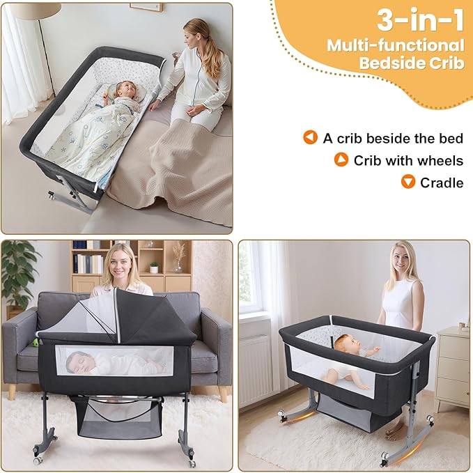 3-in-1 Baby Bassinet Bedside with Storage Basket, Portable Baby Cradle Bassinet with Wheels, Mosquito Net, 6 Levels Height Adjustable (Black)