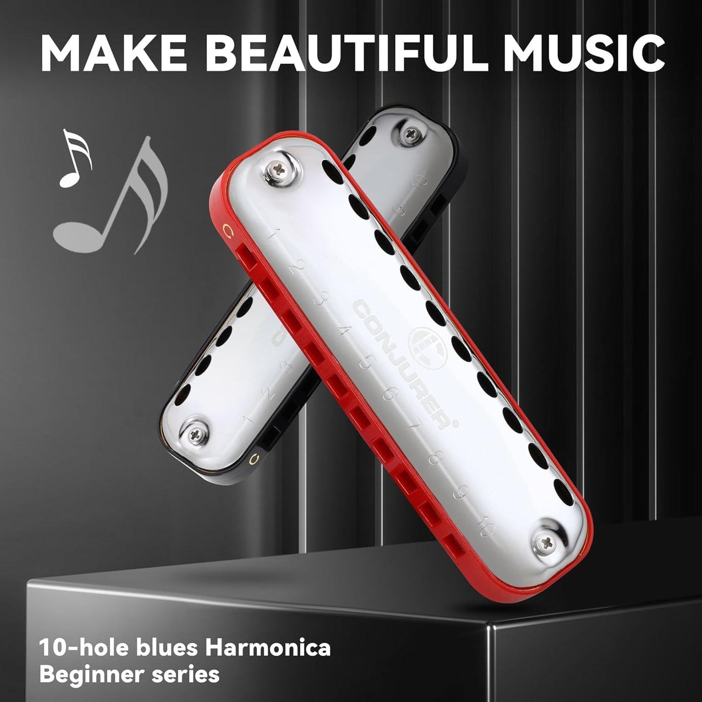 CONJURER Blues Harmonica for Kids Adult Beginners 10 Hole Diatonic Harmonica Key of C, Brass Reed Metal Mouth Organ C Key Blues Harp with Case, Red