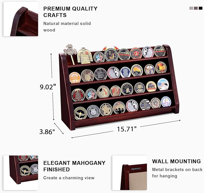 4 Rows Military Wooden Challenge Coin Display Case - Wall Mountable Army Holder Stand Rack, Holds 32 Coins, Mahogany