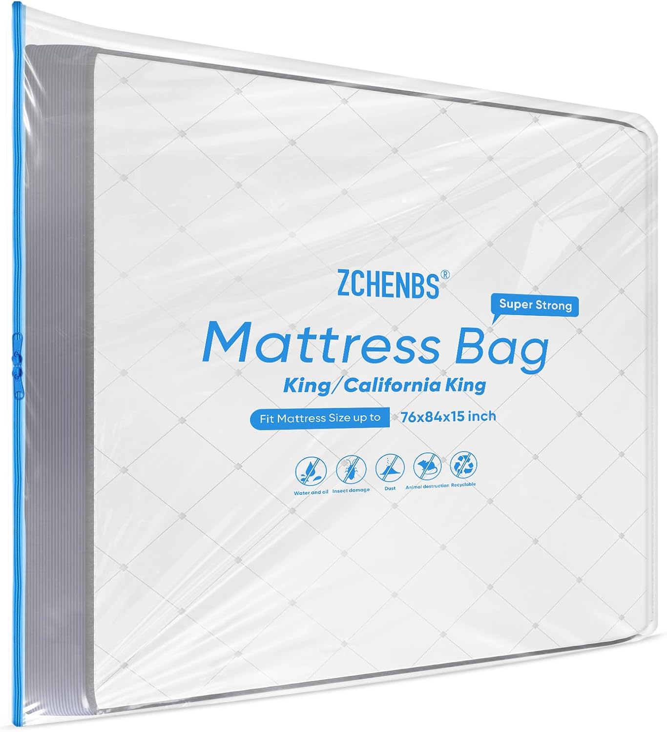 ZCHENBS® – Mattress Bags for Moving and Storage,Mattress Bag with Zippers,5 Mil Ultra-Thick Bed Bag,Waterproof,Anti-Tear,Heavy-Duty Mattress bag (Transaparent/Blue, King/California King-(2 Pack）)