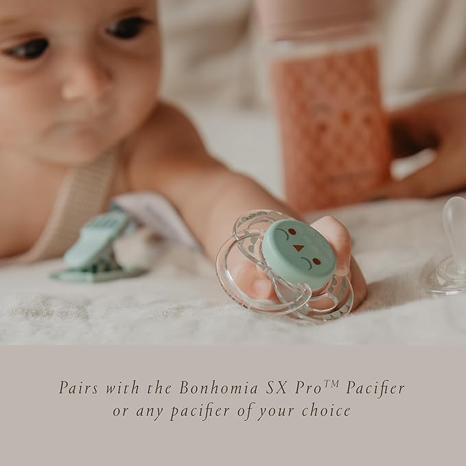 Suavinex Bonhomia Premium Baby Pacifier Clip with Ribbon, Stylish Binky Clips with Double Sided Design, Baby Accessories, Baby Essentials (0mo+), Mint