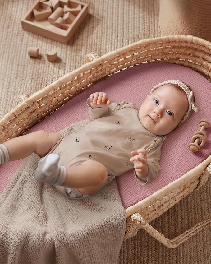 Blissful Diary Muslin Bassinet Sheets for Baby Girls Boys, Boho Soft Cotton Fitted for Oval Hourglass Rectangle Mattress, 2 Pack(Sunshine&Blush Pink)