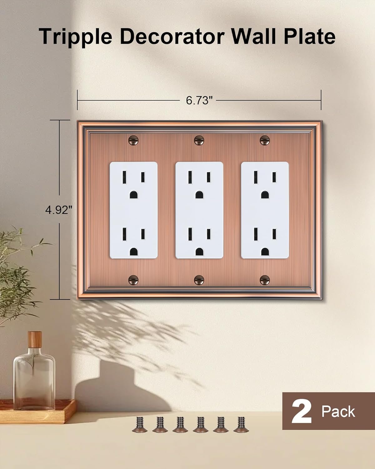 2-Pack Decorative Tripple Decorator Outlet Cover Plate, Durable Zinc Alloy Antique Copper Wall Plates for Electrical Outlet, Receptacle, GFCI Outlet, Dimmer Switch, 3-Gang Corrosion Resistant