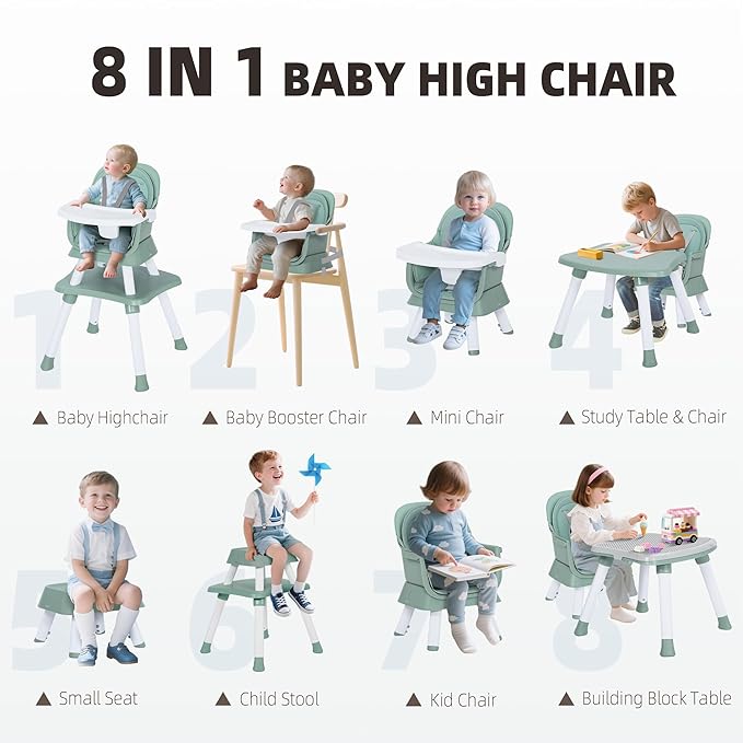 8 in 1 Baby Highchair, Convertible High Chair for Babies and Toddlers, Booster Seat w/5-Point Safety Belt, Toddler Building Block Table, Dishwasher Safe Tray, No Tool Install, Green