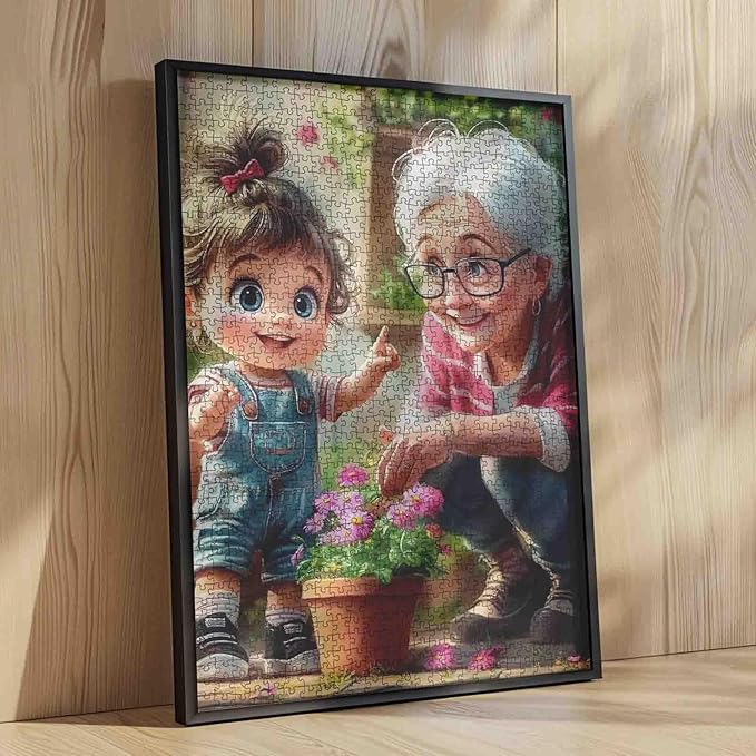 1000 Piece Jigsaw Puzzle for Adults Students Cartoon Style Cute Girl Gardening with Grandma Playing Jigsaws Flowers Colorful Art Home Wall Decor Fun Family Game Gift 20X27 Inches Large Puzzles