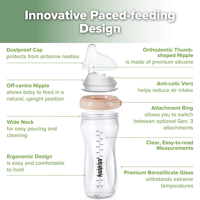 haakaa Gen.3 Natural Glass Baby Bottle 11oz/1PK - Wide Neck Anti-Colic Variable Flow Nipple,Easy to Clean & Latch for 6m+ Breastfeeding Baby Toddler,BPA-Free - Peach