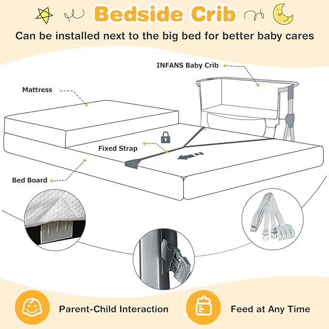 INFANS Baby Bassinet Bedside Crib, Newborn Sleeper w/Large Storage Basket, Adjustable Heights, Detachable &Washable Mattress, Breathable Mesh, Straps, Easy Moving Bed Side (Dark Grey)