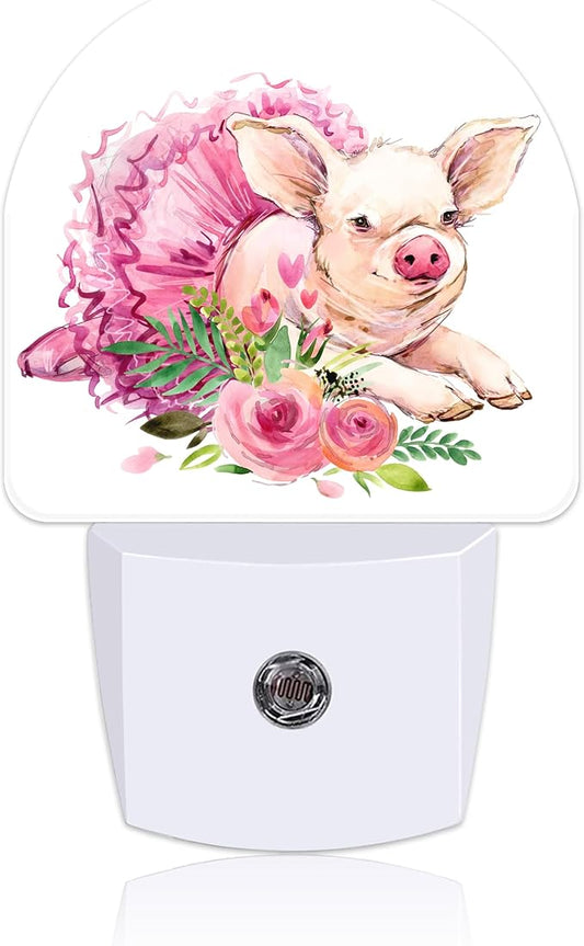 Watercolor Cute Flower Pig Night Light for Kids, LED Night Light Plug into Wall with Dusk to Dawn Sensor for Girls Boys Women Men Room Decor, Hallway, Kitchen, Bathroom, Nursery, Stairs