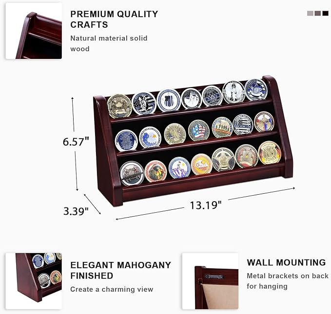 3 Rows Wooden Challenge Coin Wall Display Stand - Military Coin Holder Army Coins Rack, Holds 21-24 Coins, Mahogany