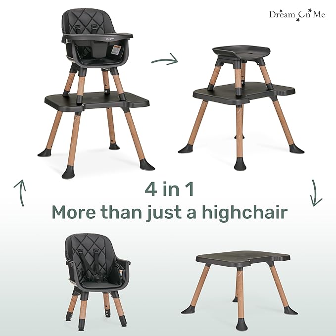 Dream On Me Luna 4-in-1 Convertible Baby High Chair in Black, Transforms into Booster, Toddler Seat & Table Set, Adjustable and Removable Tray Portable High Chair
