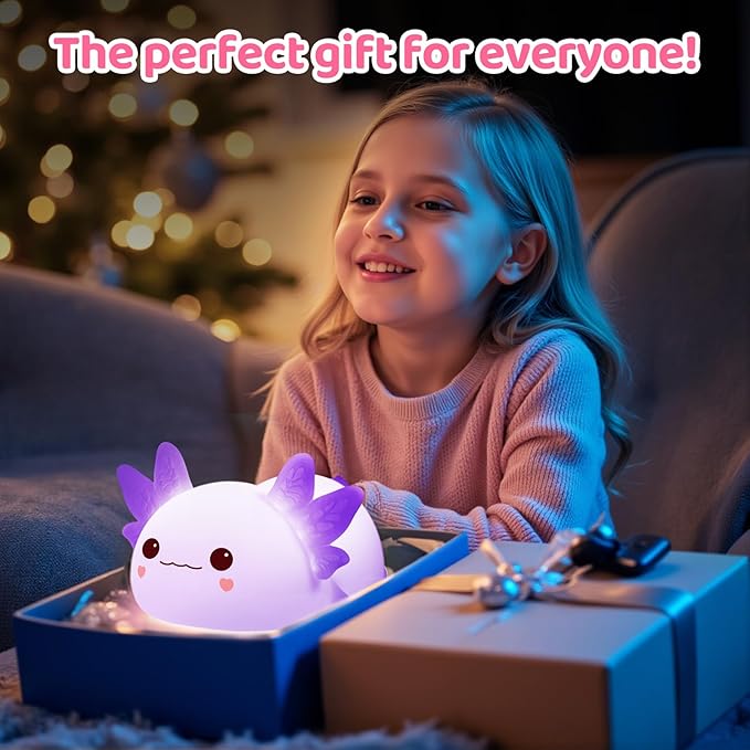 Mewaii Huggwaii Squishy Axolotl Night Light for Kids, Dimmable Silicone Kids Night Light with 4 White Noise, 2025 Upgraded Rechargeable Axolotl Lamp,Toddler Nightlight,Girls&Baby Gifts Room Decor