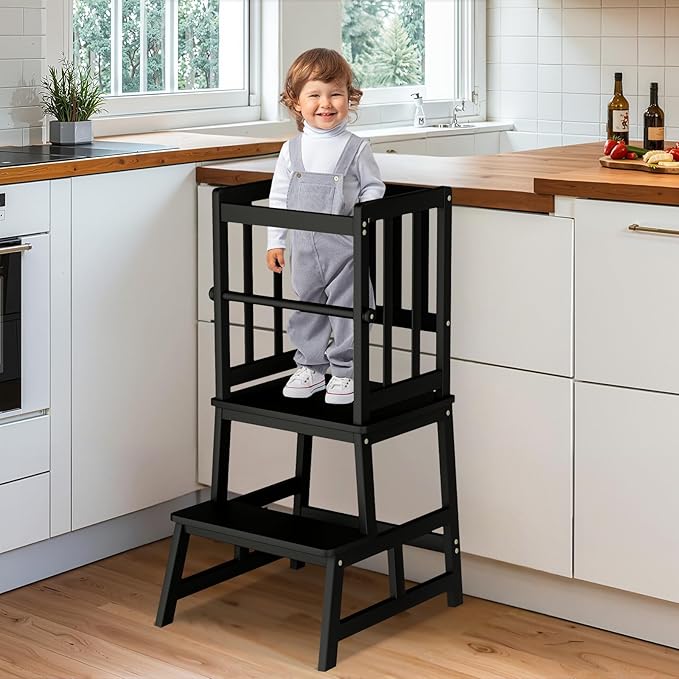 COSYLAND Kitchen Step Stool for Toddlers – Stable A-Frame Design Kids Standing Tower with Protective Crossbar – Wooden Learning Stool for Kitchen Island Counter, Bathroom (Black)