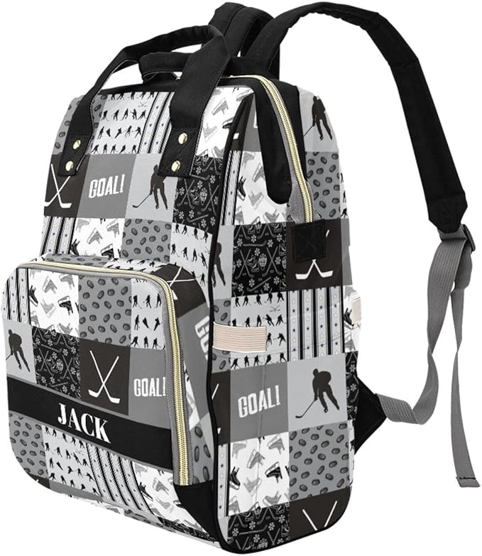 Custom Hockey Baby Diaper Bag with Name – Personalized Nursing Travel Tote Backpack for Mom or Dad, Custom Name Baby Daypack Gift
