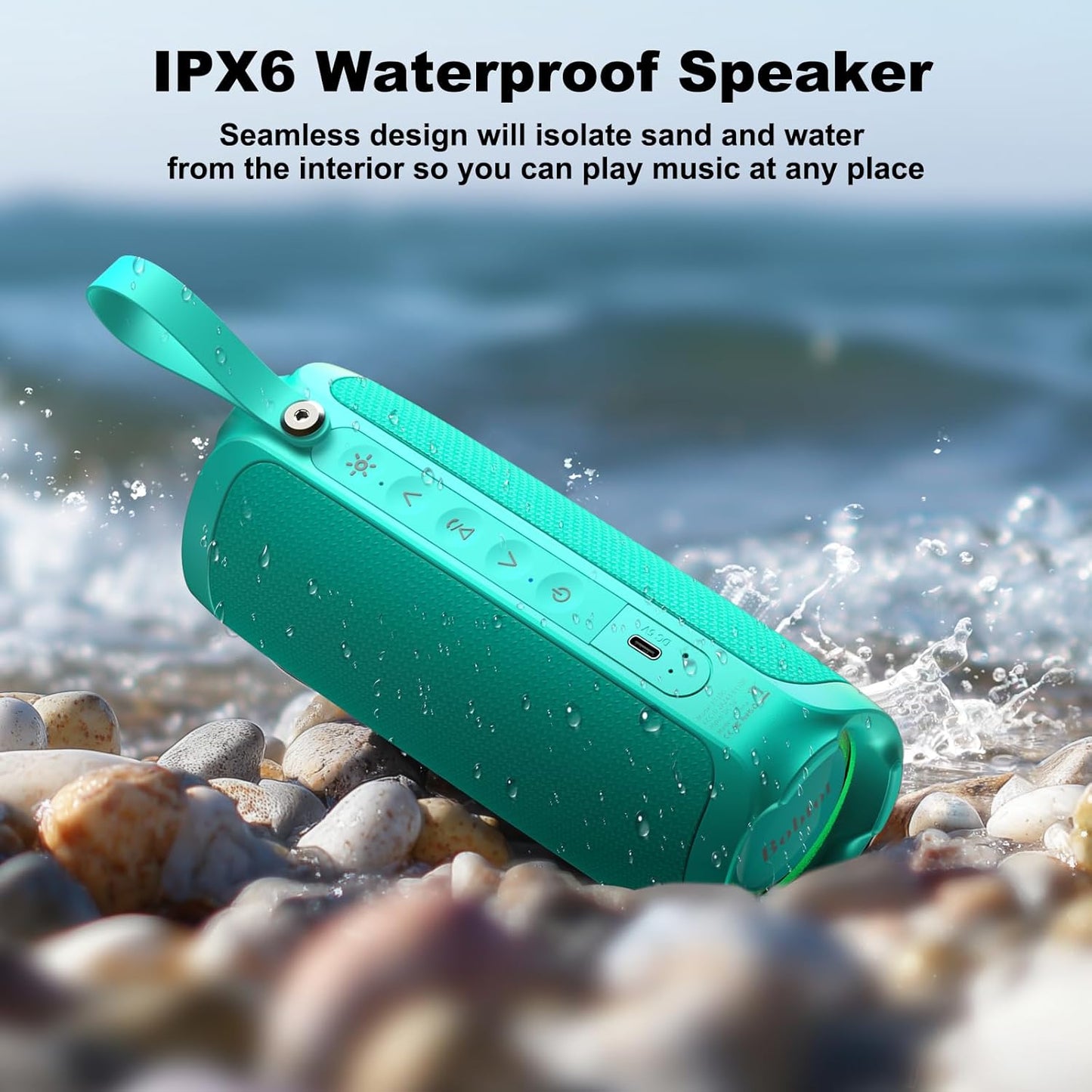 Bobtot Portable Bluetooth Speaker, IPX6 Waterproof Speaker with Punchy Bass, 15W Loud Sound, RGB, 15H Playtime, Dual Pairing for Party, Camping, Beach, Green