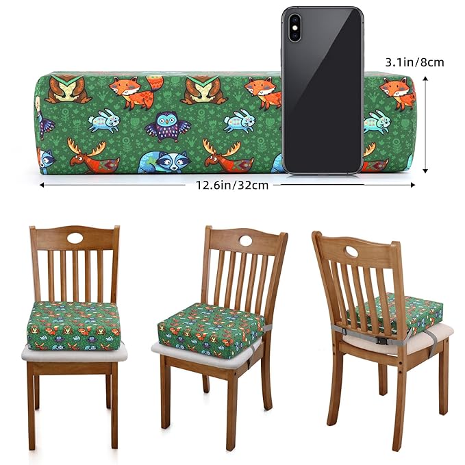 Zicac Portable Toddler Booster Seat for Dining Table, Safer Non-Slip Kids Booster Seat with Double Adjustable Straps, Washable Detachable Strong Support Increasing Cushion for Child (Animal Green)