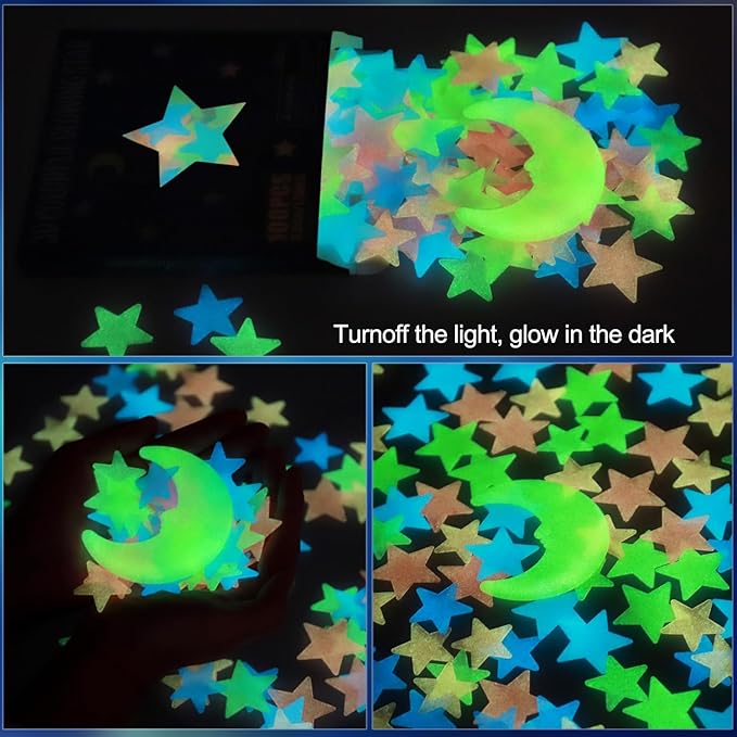 100 Pcs Colorful Glow in The Dark Luminous Stars and Moon Fluorescent Noctilucent Plastic Wall Stickers Murals Decals for Home Art Decor Ceiling Wall Decorate Kids Babys Bedroom Room Decorations
