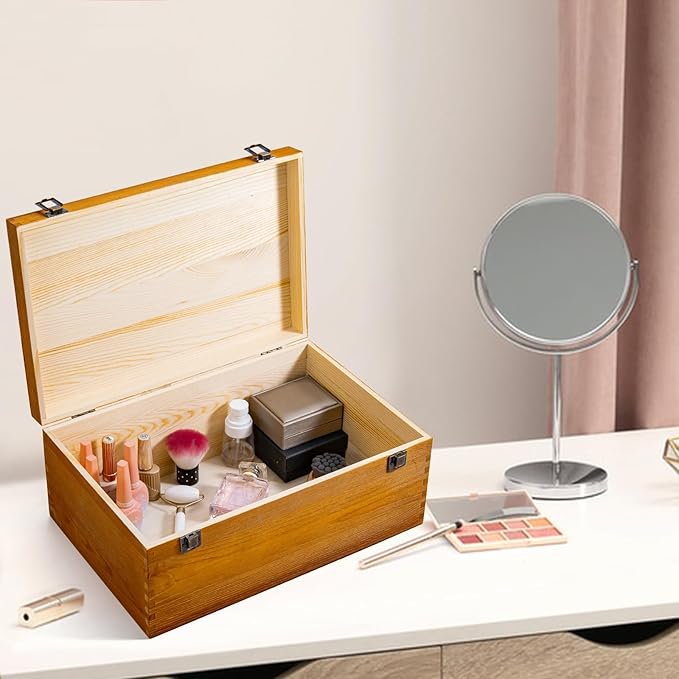 Vintage Wooden Storage Box, 14.14 * 9.43 * 5.89 Inch Small Wooden Box with Hinged Lid for DIY Art Hobby, Wood Keepsake Box Rectangular for Toys Jewelry Crafts Brown