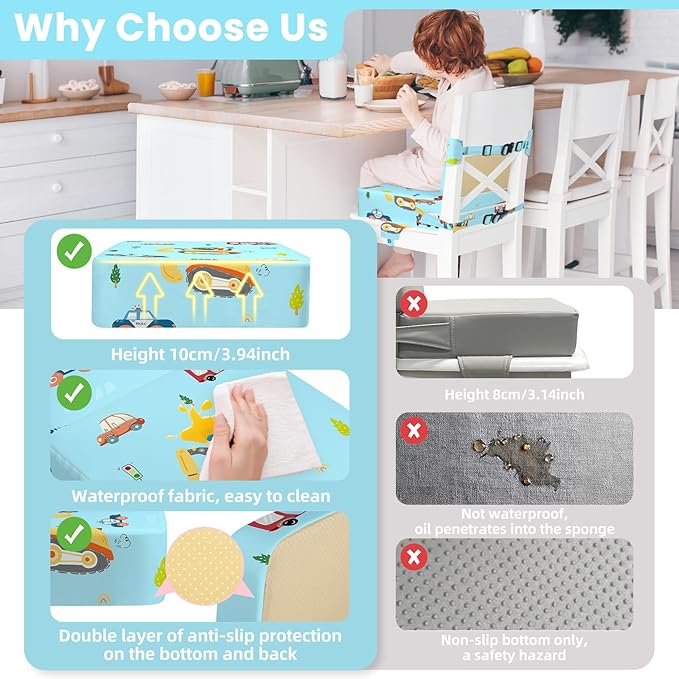 Toddler Booster Seat for Dining Table with Adjustable Straps, Kids Booster Seat for Kitchen Chair with Non-Slip Bottom, Portable Detachable Washable Increasing Cushion (Excavator)