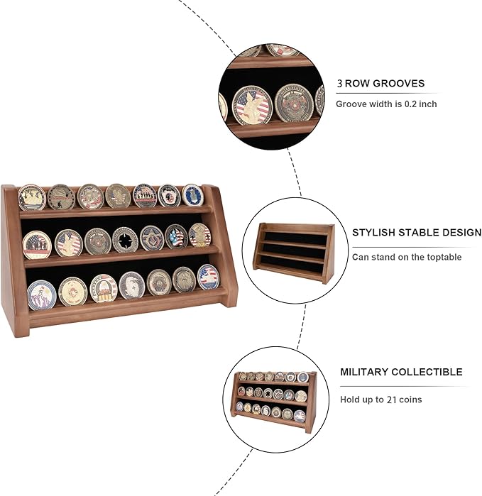 3 Rows Solid Wood Military Challenge Coin Holder Display - Holds 21-24 Coins, Army Coin Rack Display Case Stand for Wall Mount or Tabletop, Walnut