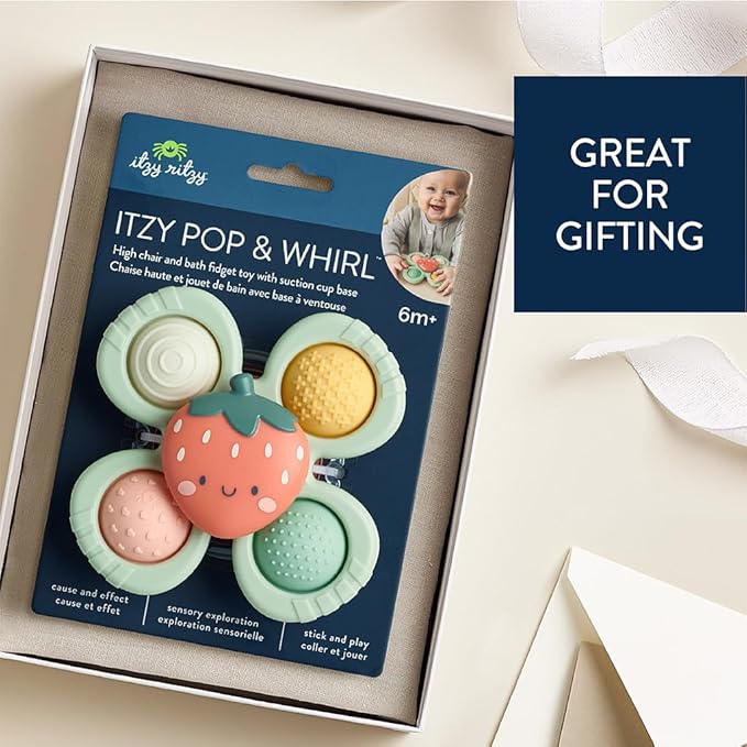 Itzy Ritzy Pop & Whirl – Fidget Spinner Travel & Bath Toy for Babies & Toddlers – Fidget w/Textured Silicone Popper to Develop Fine Motor Skills –Sticks to Highchairs, Tables, Tubs, More (Strawberry)