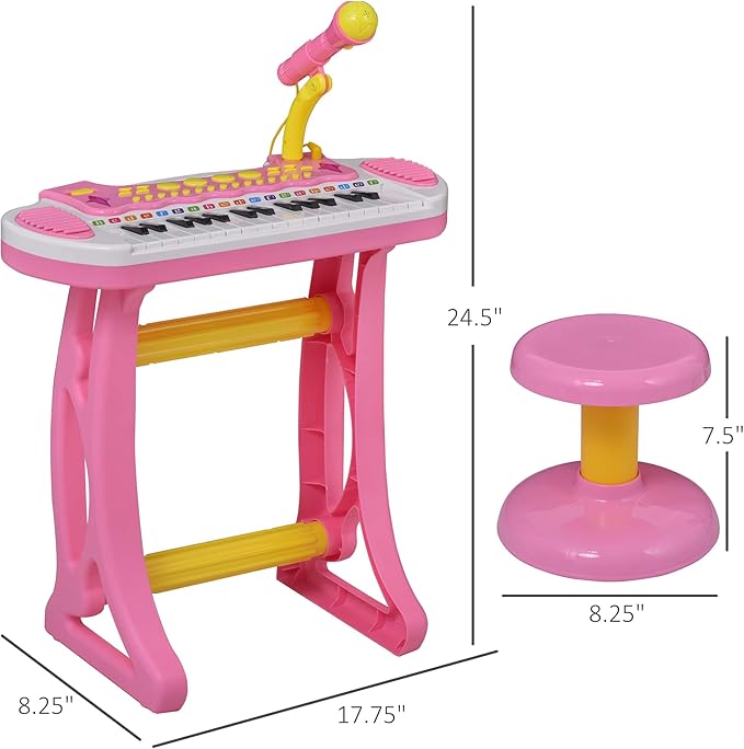 Qaba Kids Toy Keyboard Piano Toddler Electronic Instrument with Stool, Microphone and Bright Flashlight for Children Birth Gift, Pink