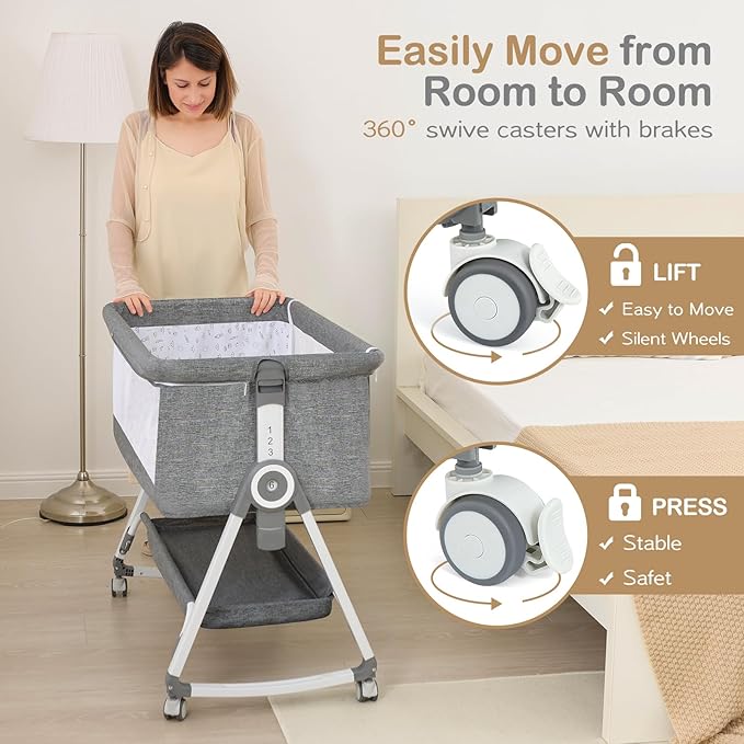Baby Bassinet, Bedside Bassinet for Baby, 4 in 1 Bassinet Bedside Sleeper with Locked Wheels, Mosquito Net, Adjustable Easy Folding Portable Crib for Infant Newborn, Grey