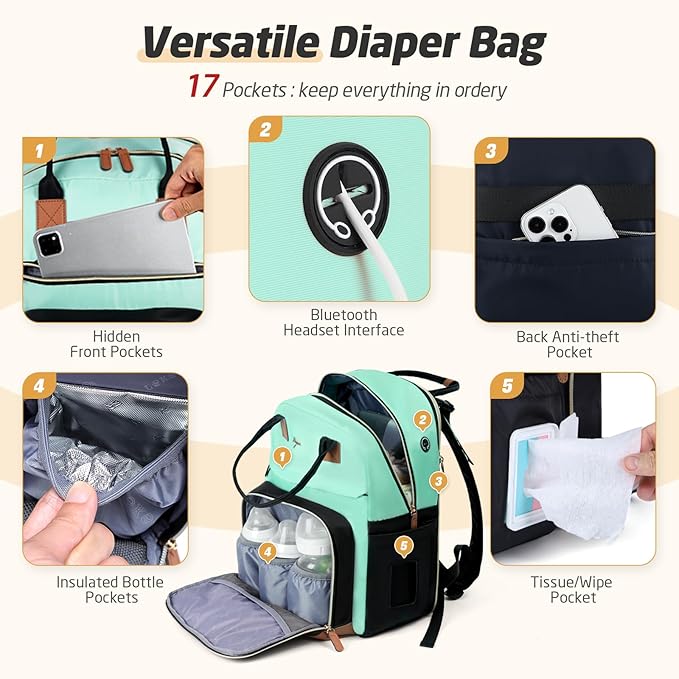 Diaper Bag Backpack - Extra Large Diaper Bag for 2 Kids Twin, Travel Baby Bags for Mom Dad 25-37L Expandable with Changing Pad Earphone Hole, Green Black