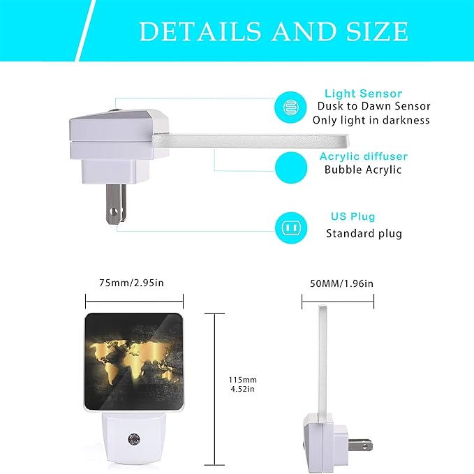 Golden World Map Night Light,Nautical Theme Night Lights Plug into Wall Led Night for Boys Girls Gifts, Dusk to Dawn Sensor Nightlight 0.5W Sleep Friendly