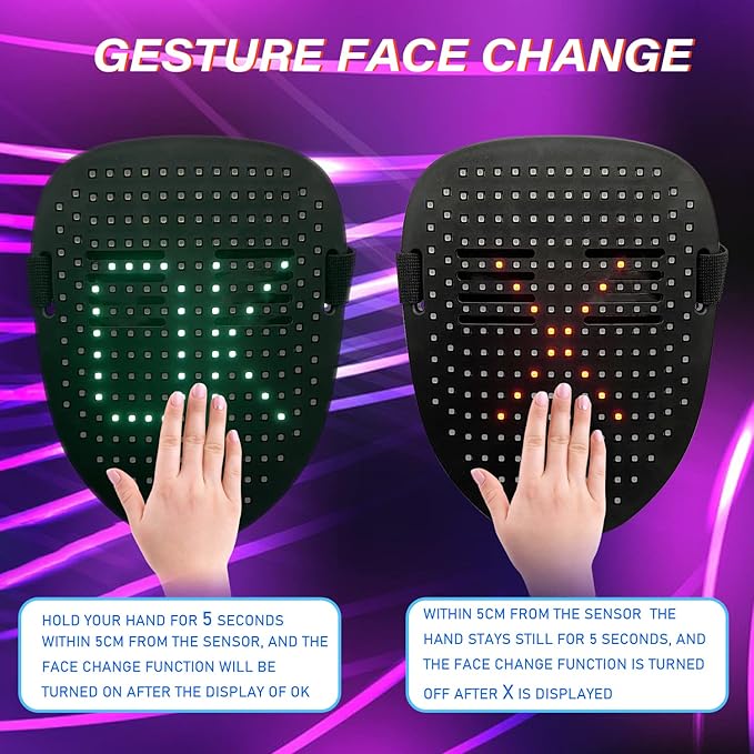 Depointer Life Led Mask with Gesture Sensing,Unisex LED Lighted Face Transforming Mask for Costume Cosplay Party Masquerade