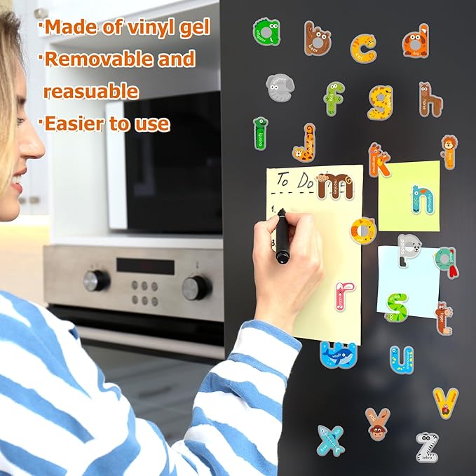 Whaline 52Pcs Alphabet Letters Thick Gel Clings Cute Animal Lowercase Letters Window Gel Decals for Educational Spelling Learning Home Classroom Nursery Decor, 2 Sheets