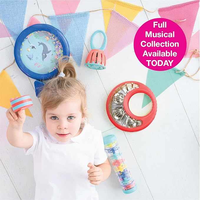 Edushape Classic Tambourine for Kids, Red - Percussion Musical Instrument Baby Tambourine for Toddlers 1-3, Kids Tambourine Fun Tummy Time, Fine Motor, Auditory and Visual Sensory Development