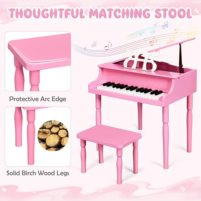 Goplus 30-Key Classical Kids Piano, Mini Grand Piano Wooden Learn-to-Play Musical Instrument Toy with Bench, Piano Lid, Music Rack, Gift for Boys Girls Aged 2+ Baby Toddler(4 Straight Leg-Pink)