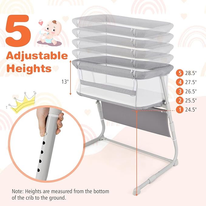 BABY JOY Bassinet, Bedside Crib w/Adjustable Height, Comfy Mattress, Full-Mesh Sides and Storage Pockets for Newborns Infants, Baby Bassinets Bedside Sleeper for Safe Co-Sleeping