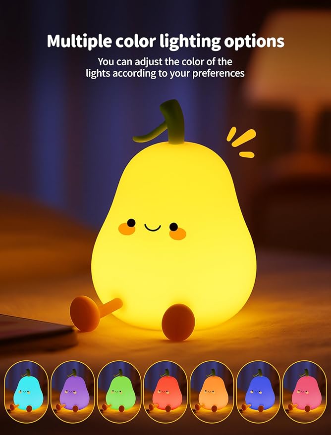 Pear Night Light for Kids, Nursery Night Lights, Bedside Touch Lamp, Cute Silicone Nightlight for Baby Toddler, 3 Level Dimmable Soft Night Lamps Gift for Bedroom Kids Room Decor